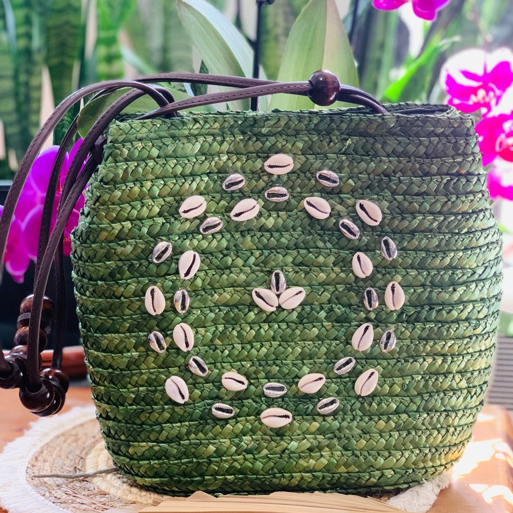 Green Woven Bag with Shell Accents